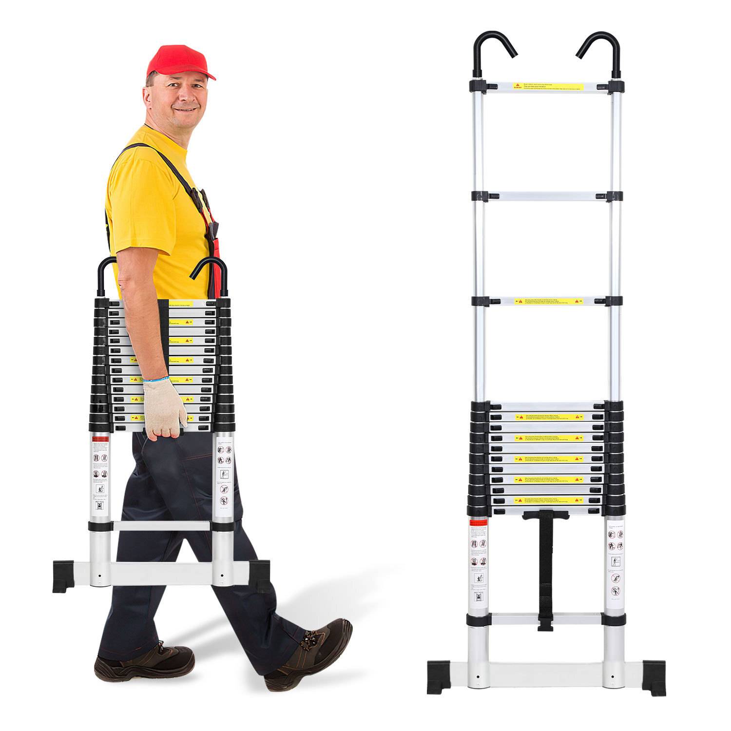 Premium Alu Teleskopleiter Ausziehleiter Klappleiter Höhe 4,4M Silber Antirutsch Mehrzweckleiter mit Stabilisator und Abnehmbaren Haken