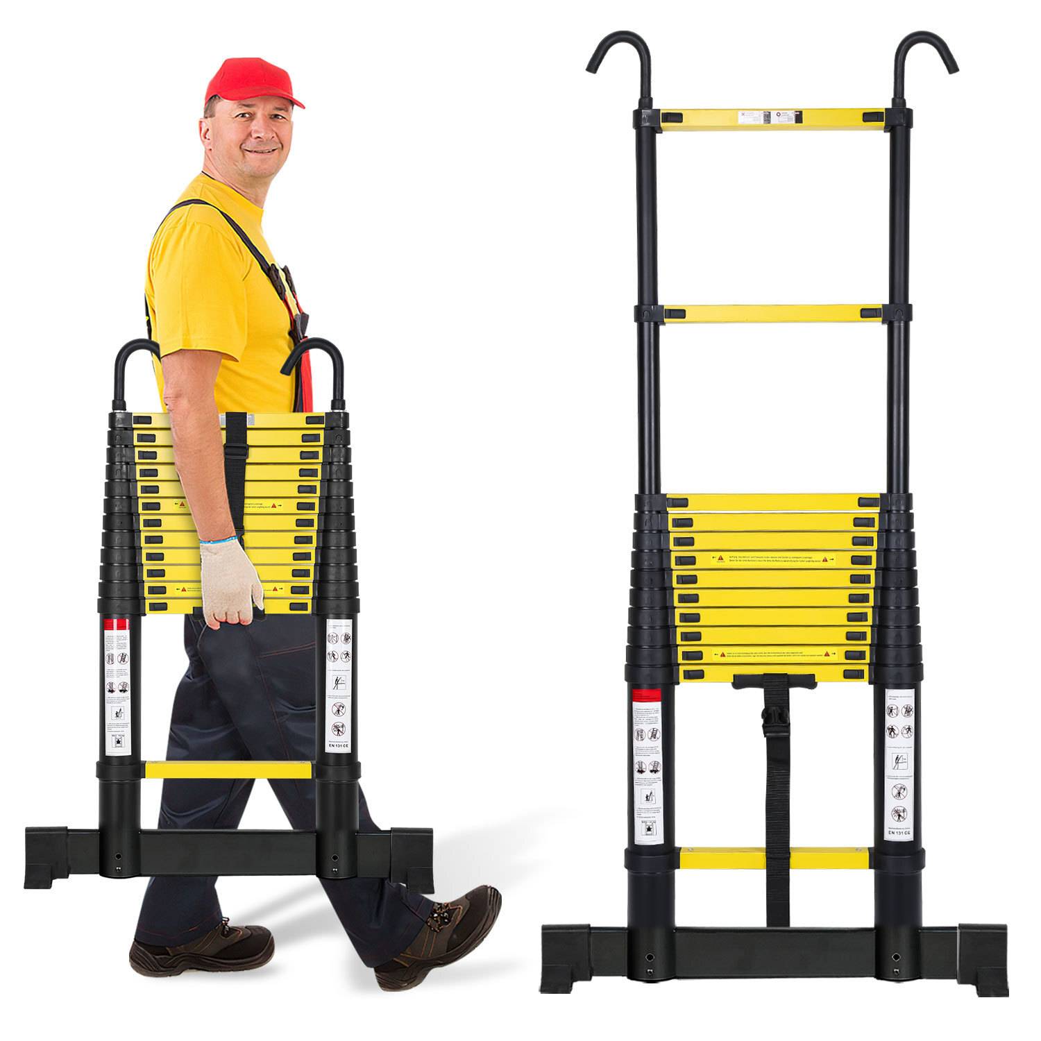 Premium Alu Teleskopleiter Ausziehleiter Klappleiter Höhe 3,8M schwarz Antirutsch Mehrzweckleiter mit Stabilisator und Abnehmbaren Haken