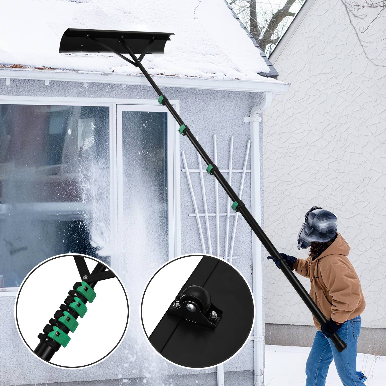 Schneeschaufel Dach mit Gummielippe & Teleskopstange, 3.6m Dachräumer, Schneeschieber Alu für Solaranlage
