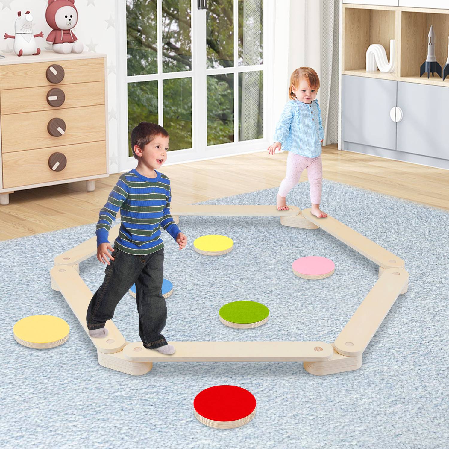 Balancierbalken Kinder Schwebebalken Set mit 6 Balanciersteinen aus Holz Sensorik & Motorik Spielzeug