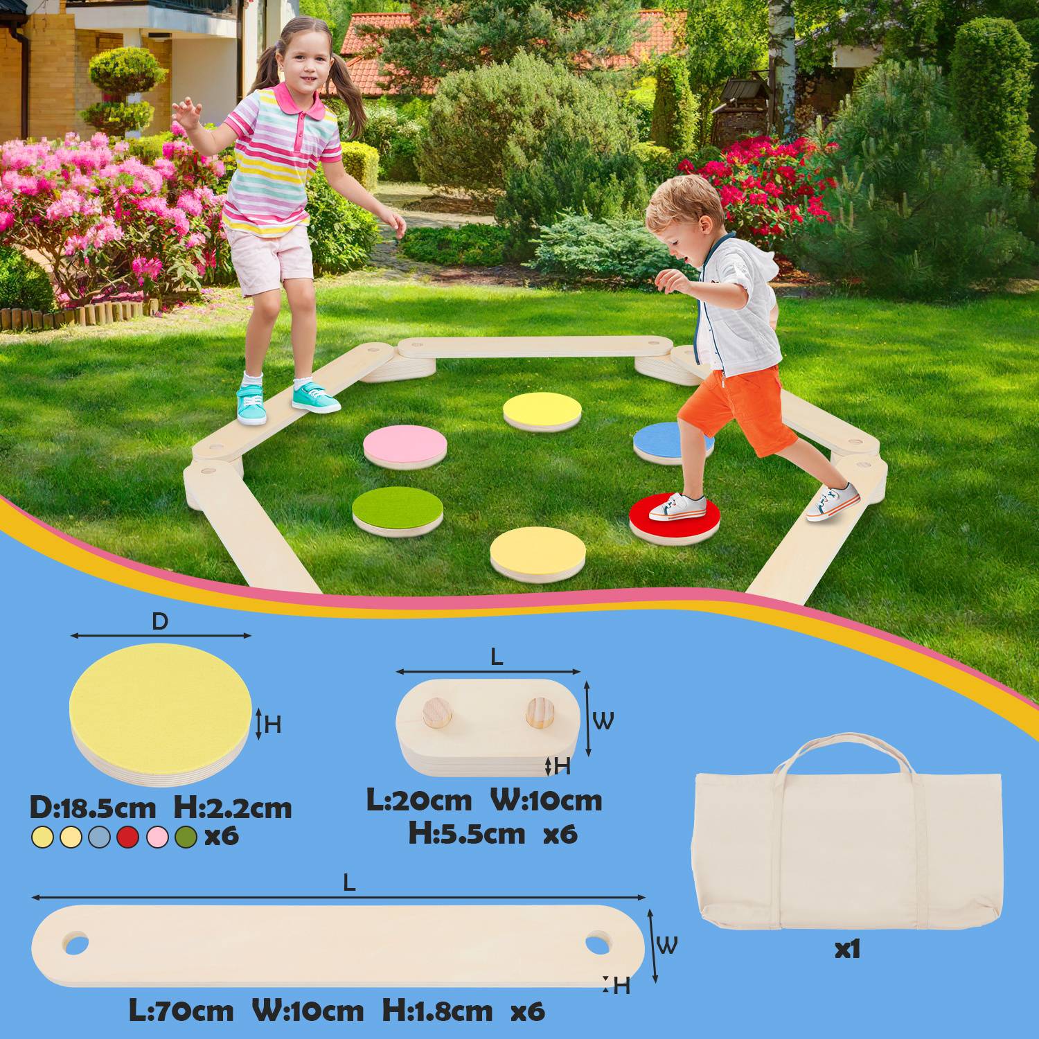 Balancierbalken Kinder Schwebebalken Set mit 6 Balanciersteinen aus Holz Sensorik & Motorik Spielzeug