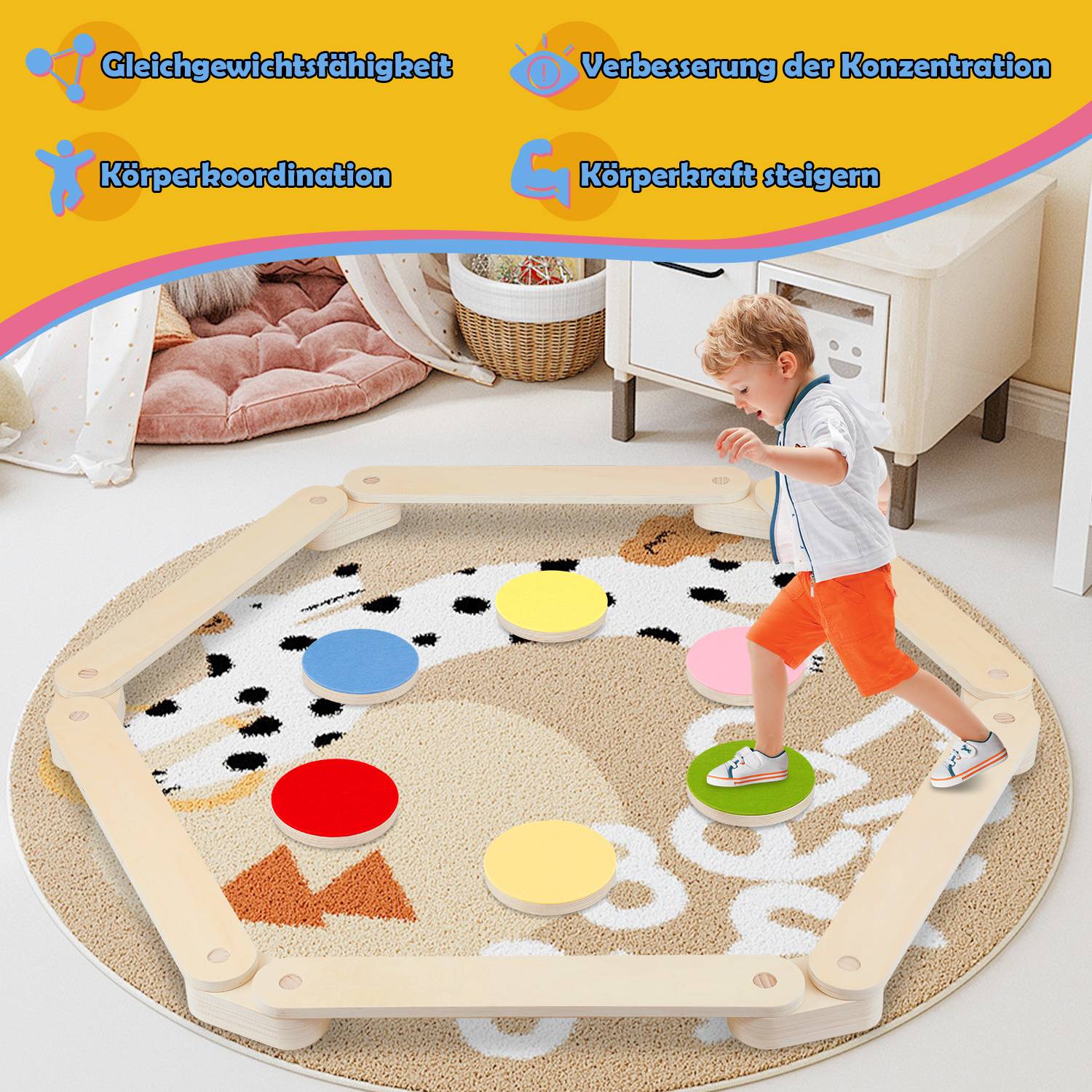 Balancierbalken Kinder Schwebebalken Set mit 6 Balanciersteinen aus Holz Sensorik & Motorik Spielzeug