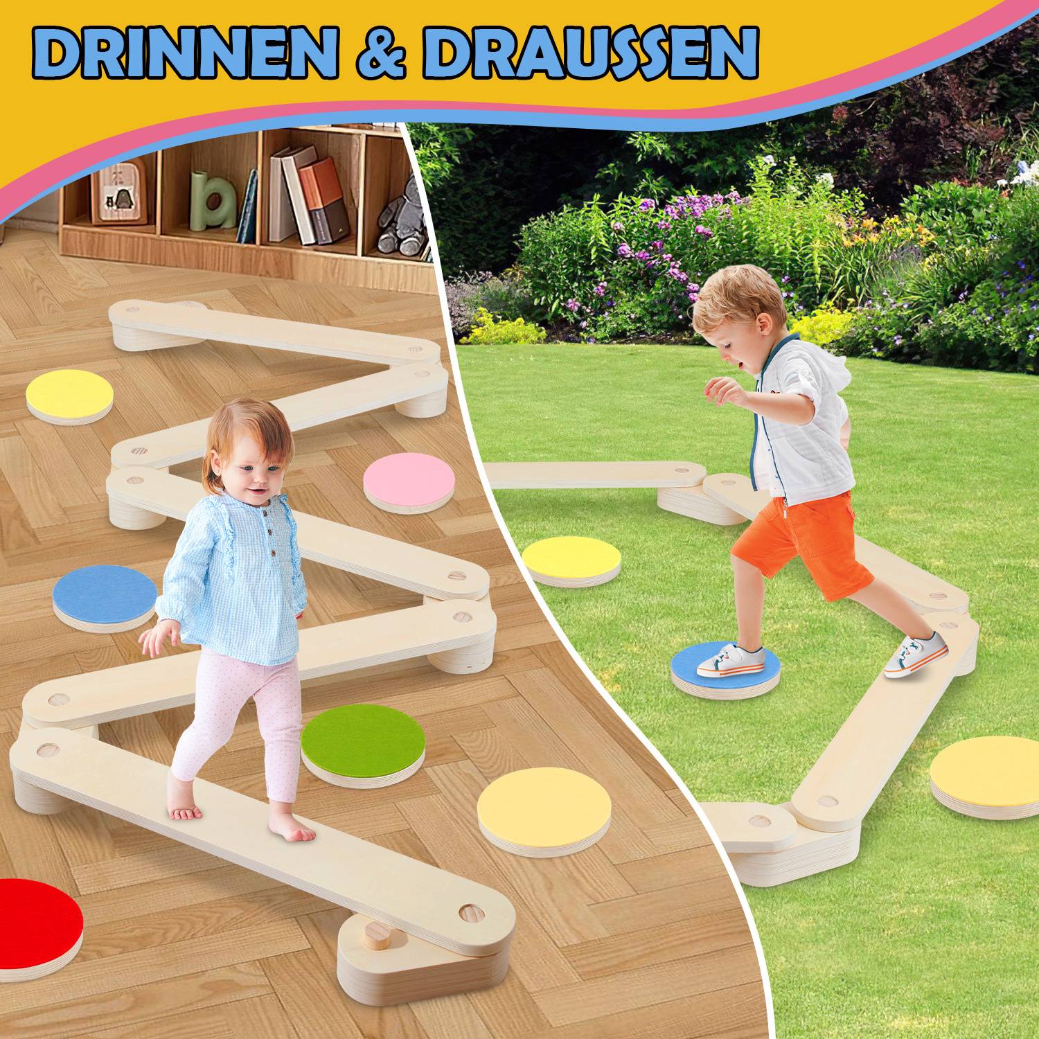Balancierbalken Kinder Schwebebalken Set mit 6 Balanciersteinen aus Holz Sensorik & Motorik Spielzeug