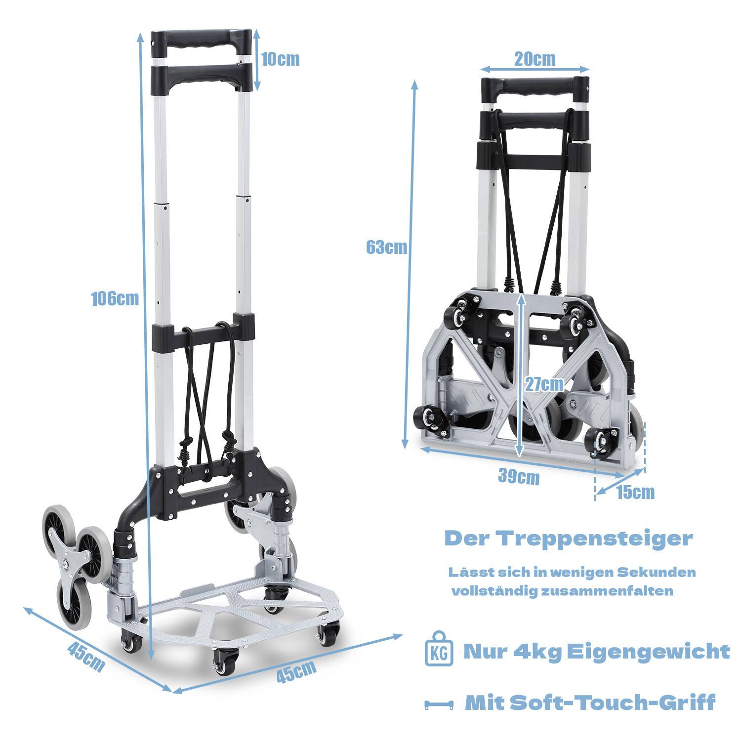 Treppensackkarre mit 3+3 Radsystem, höhenverstellbar, Aluminium Leichtgewicht, 70 kg Tragkraft