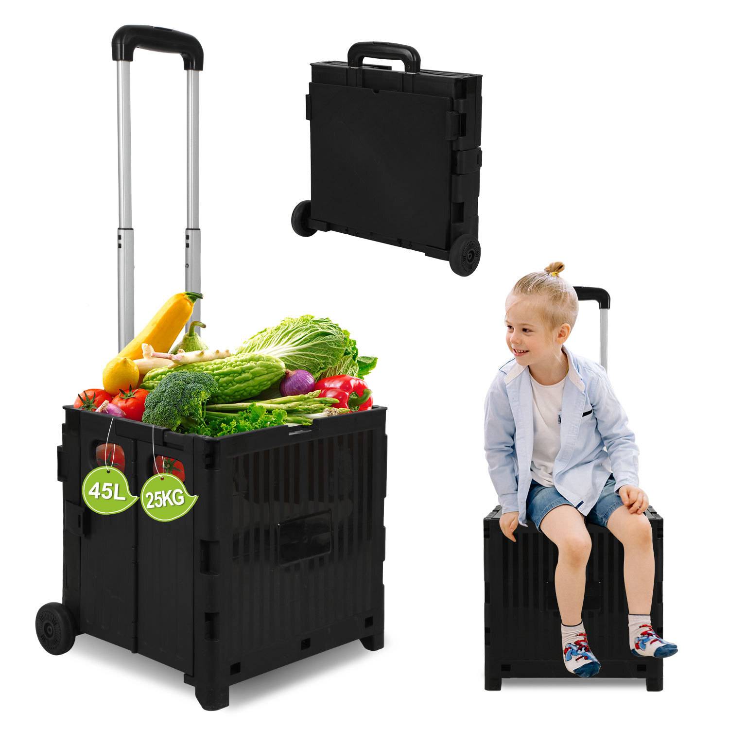 Schwarz Leichter Falt-Einkaufswagen, 40kg Tragkraft, dreistufig höhenverstellbar, abnehmbare & leise Räder, Bremse