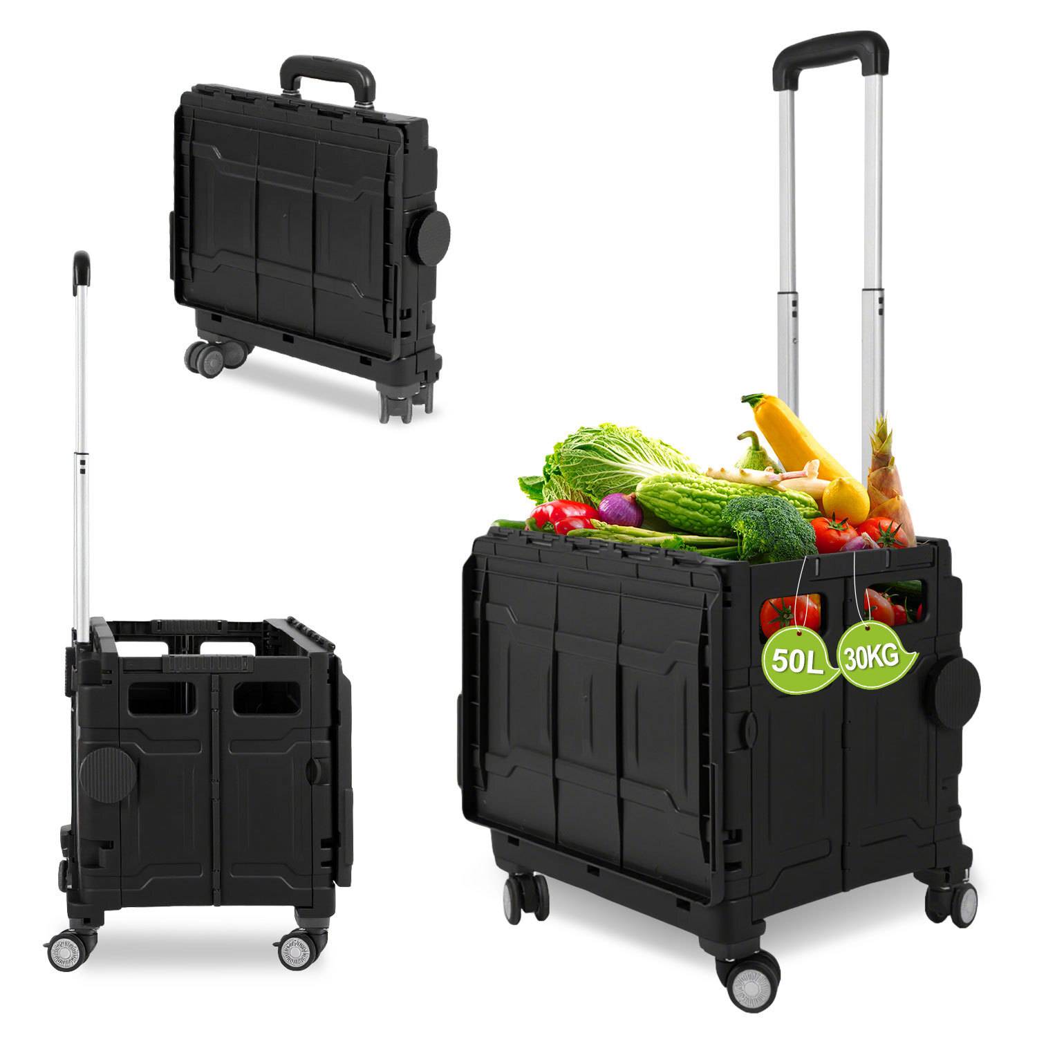 Schwarz Leichter Falt-Einkaufswagen, 55kg Tragkraft, dreistufig höhenverstellbar, abnehmbare & leise Räder, Bremse