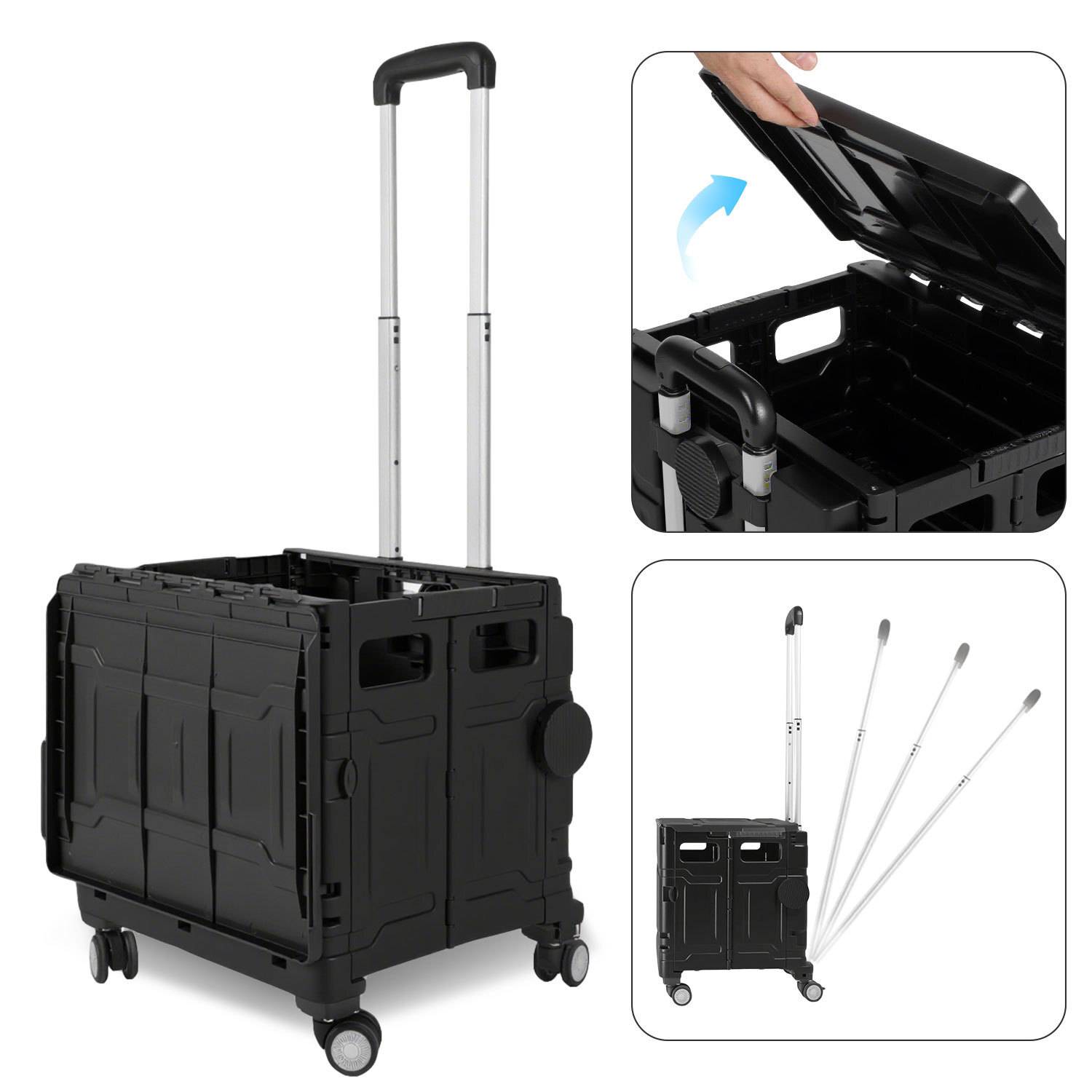 Schwarz Leichter Falt-Einkaufswagen, 55kg Tragkraft, dreistufig höhenverstellbar, abnehmbare & leise Räder, Bremse