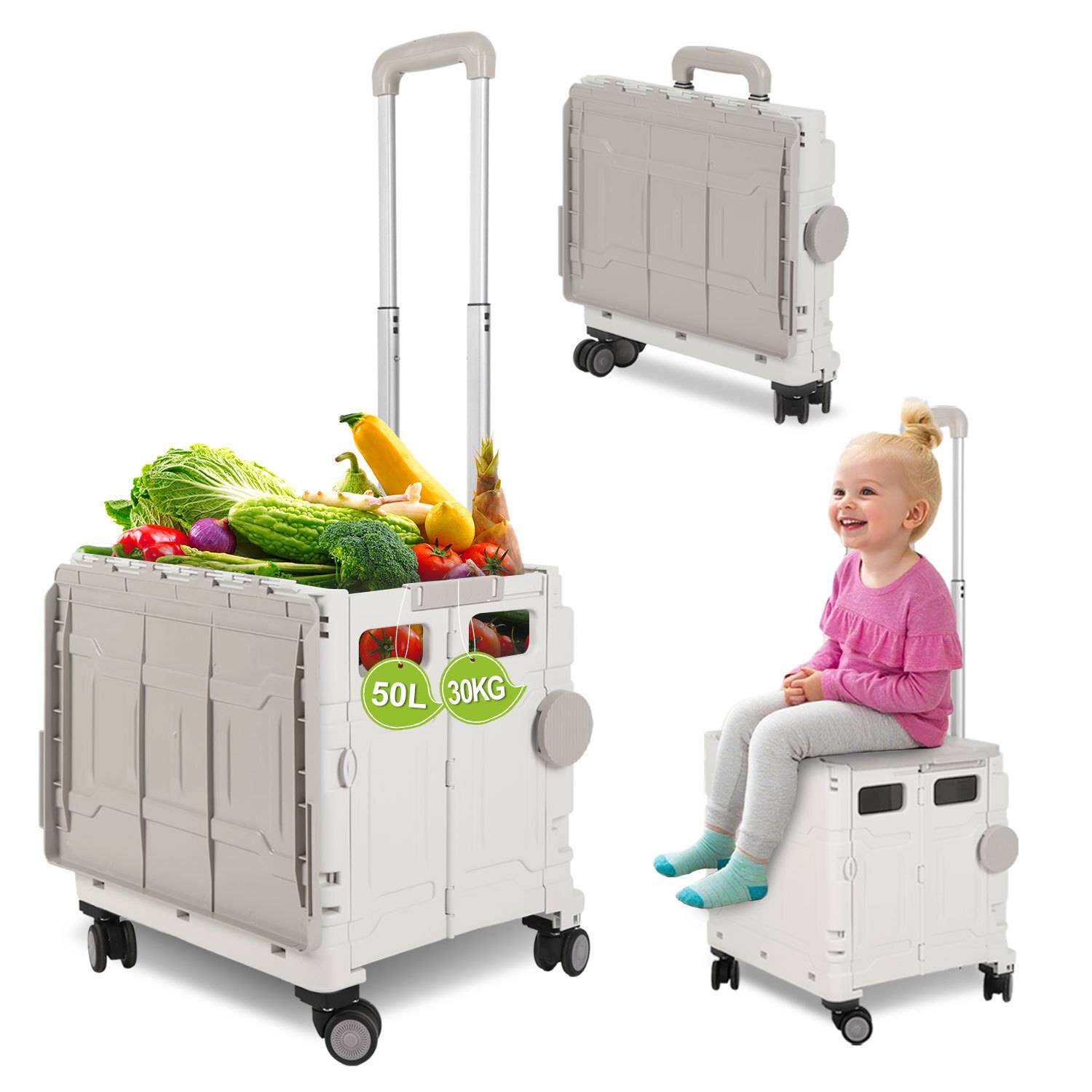 weiß Leichter Falt-Einkaufswagen, 55kg Tragkraft, dreistufig höhenverstellbar, abnehmbare & leise Räder, Bremse