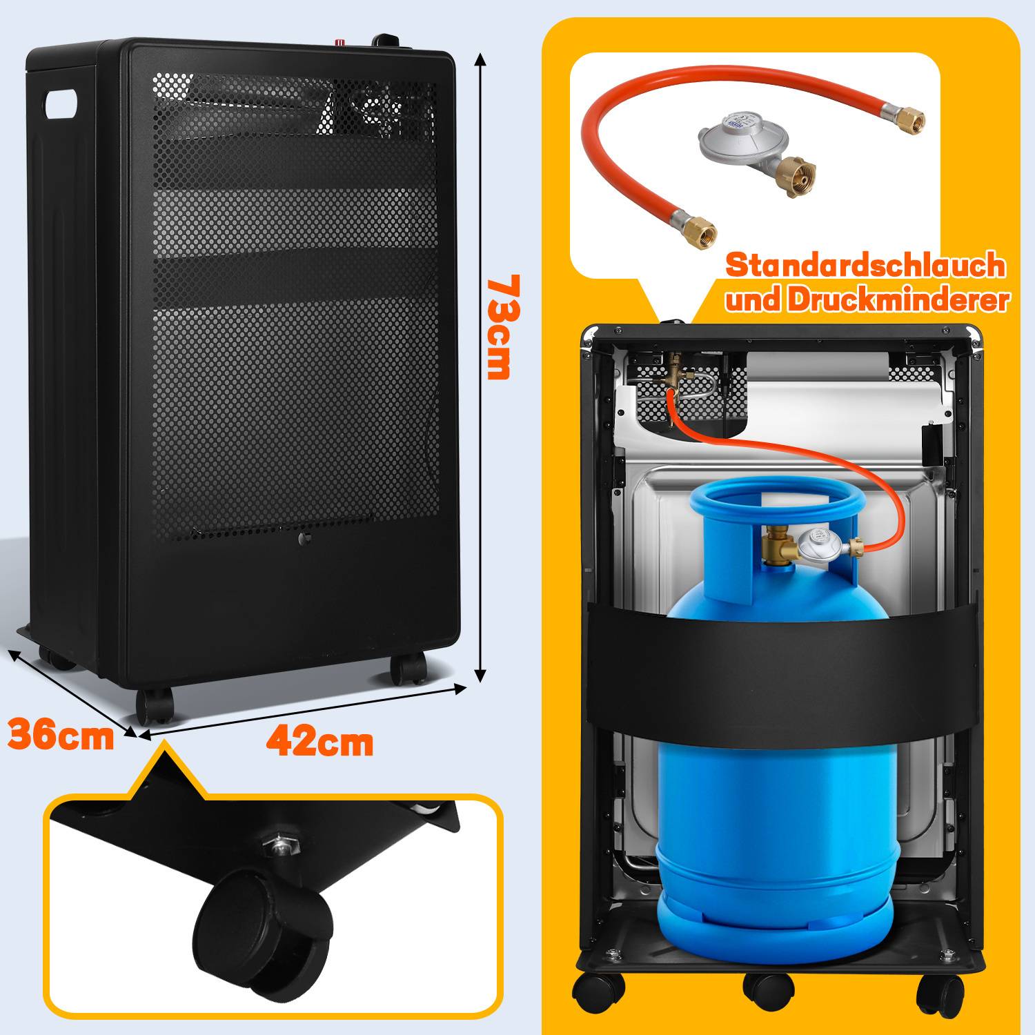 Infrarot Gasheizung 3800 Watt inkl. Schlauch & Druckminderer, für Butan-/Propangasflaschen bis 15kg, Schwarz, 42x36x73 cm, für Innenräume