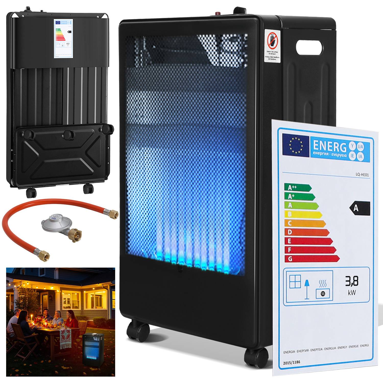 Infrarot Gasheizung 3800 Watt inkl. Schlauch & Druckminderer, für Butan-/Propangasflaschen bis 15kg, Schwarz, 42x36x73 cm, für Innenräume