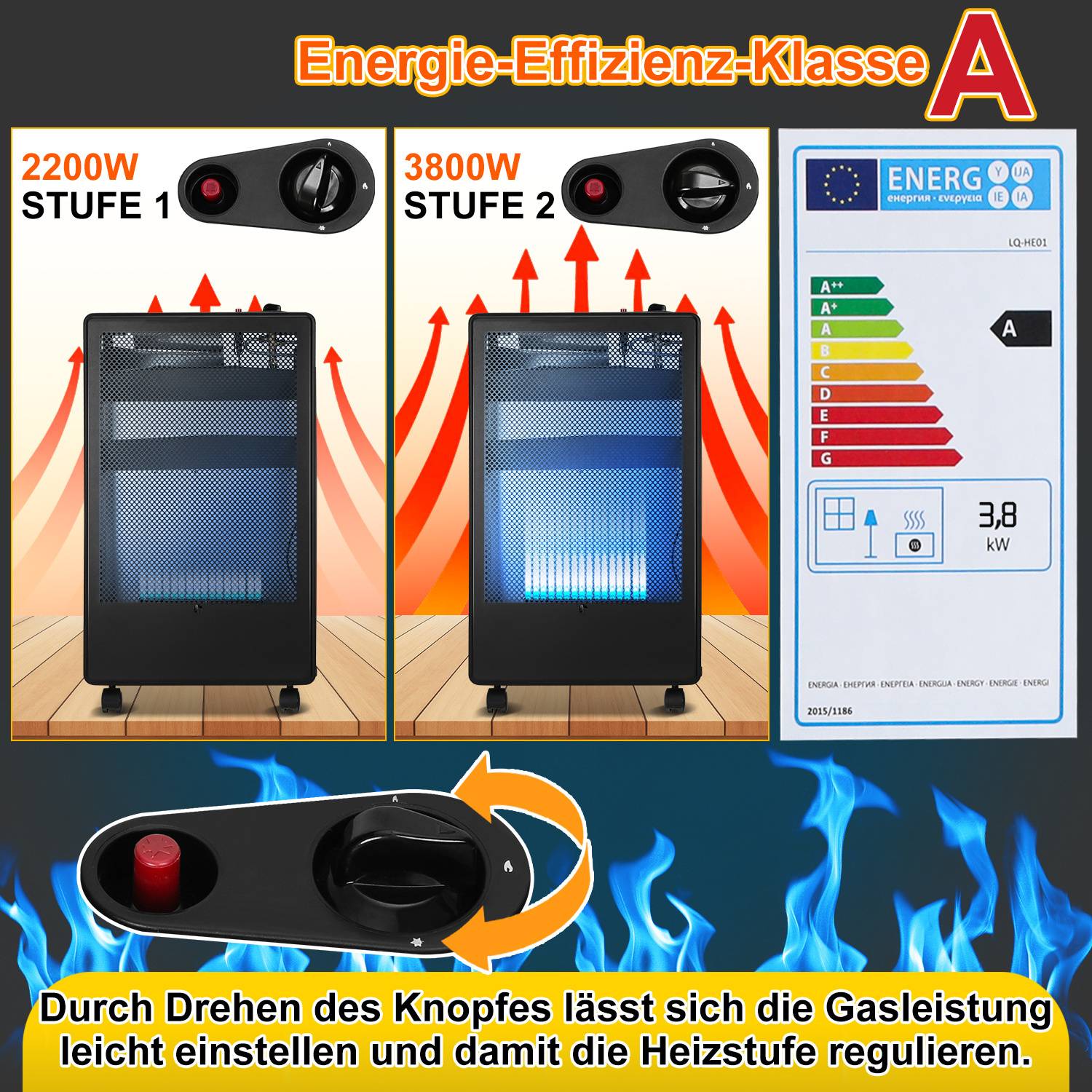 Infrarot Gasheizung 3800 Watt inkl. Schlauch & Druckminderer, für Butan-/Propangasflaschen bis 15kg, Schwarz, 42x36x73 cm, für Innenräume