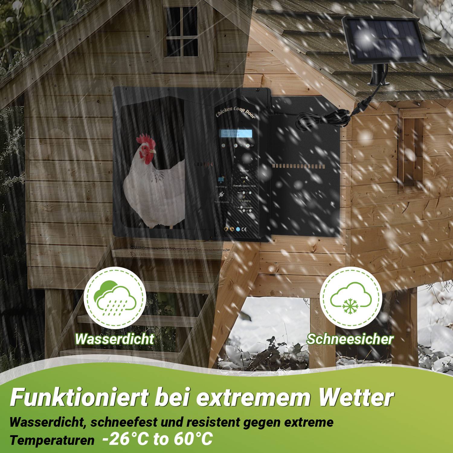 Automatische Hühnerklappe Solar mit Großes Display,Lichtsensor,Timer,Fernbedienung,IP65 Wasserdicht Hühnerklappe Automatisch,Einklemmschutz Automat