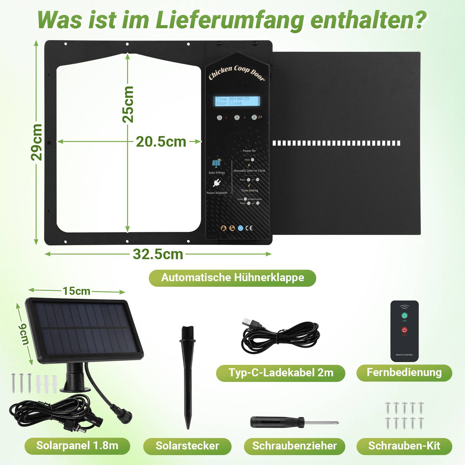 Automatische Hühnerklappe Solar mit Großes Display,Lichtsensor,Timer,Fernbedienung,IP65 Wasserdicht Hühnerklappe Automatisch,Einklemmschutz Automat