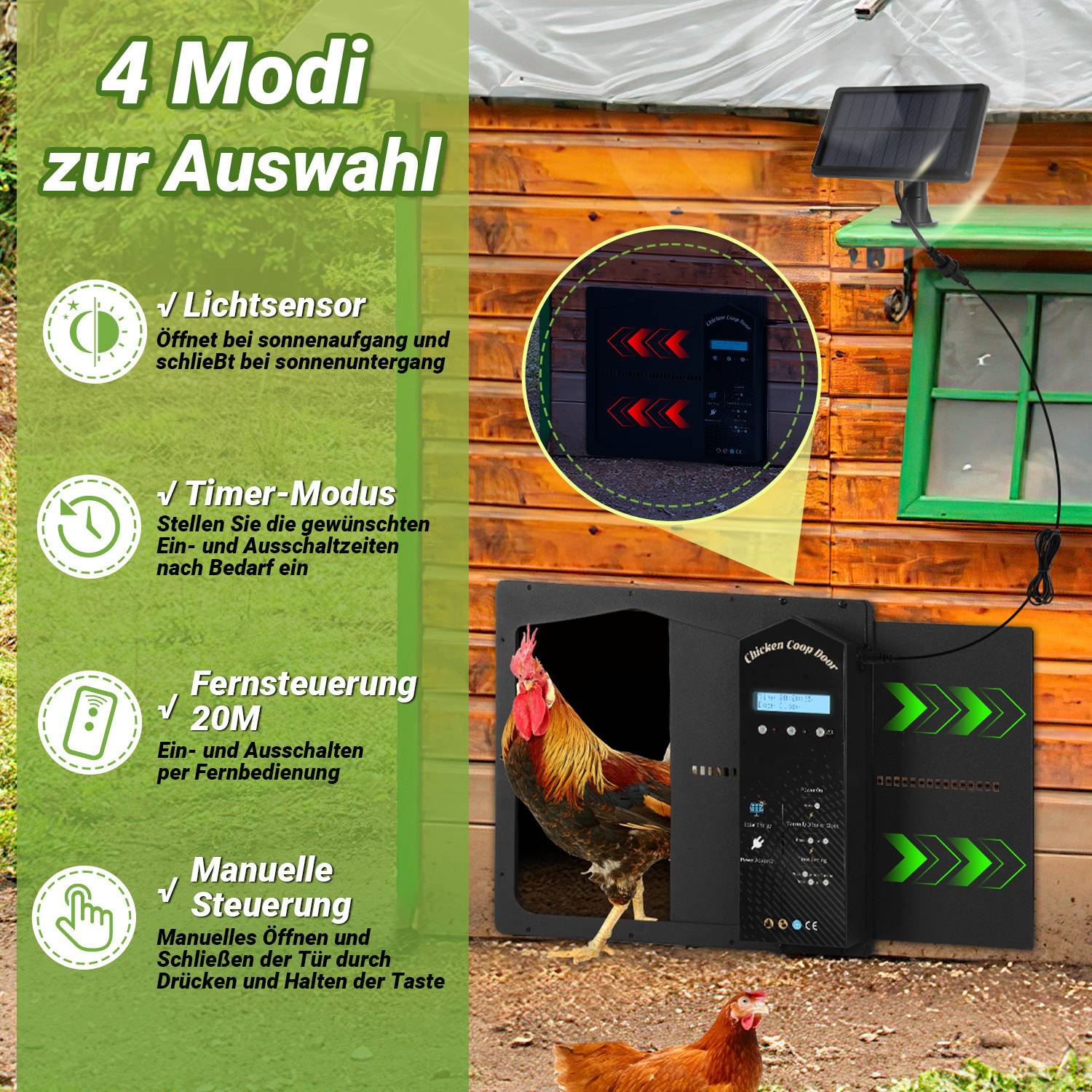 Automatische Seitlich öffnende Tür Hühnerklappe Solar mit Zeit, Aluminiumlegierung automatische Hühnerklappe, elektrische Hühnertür kältetaugli