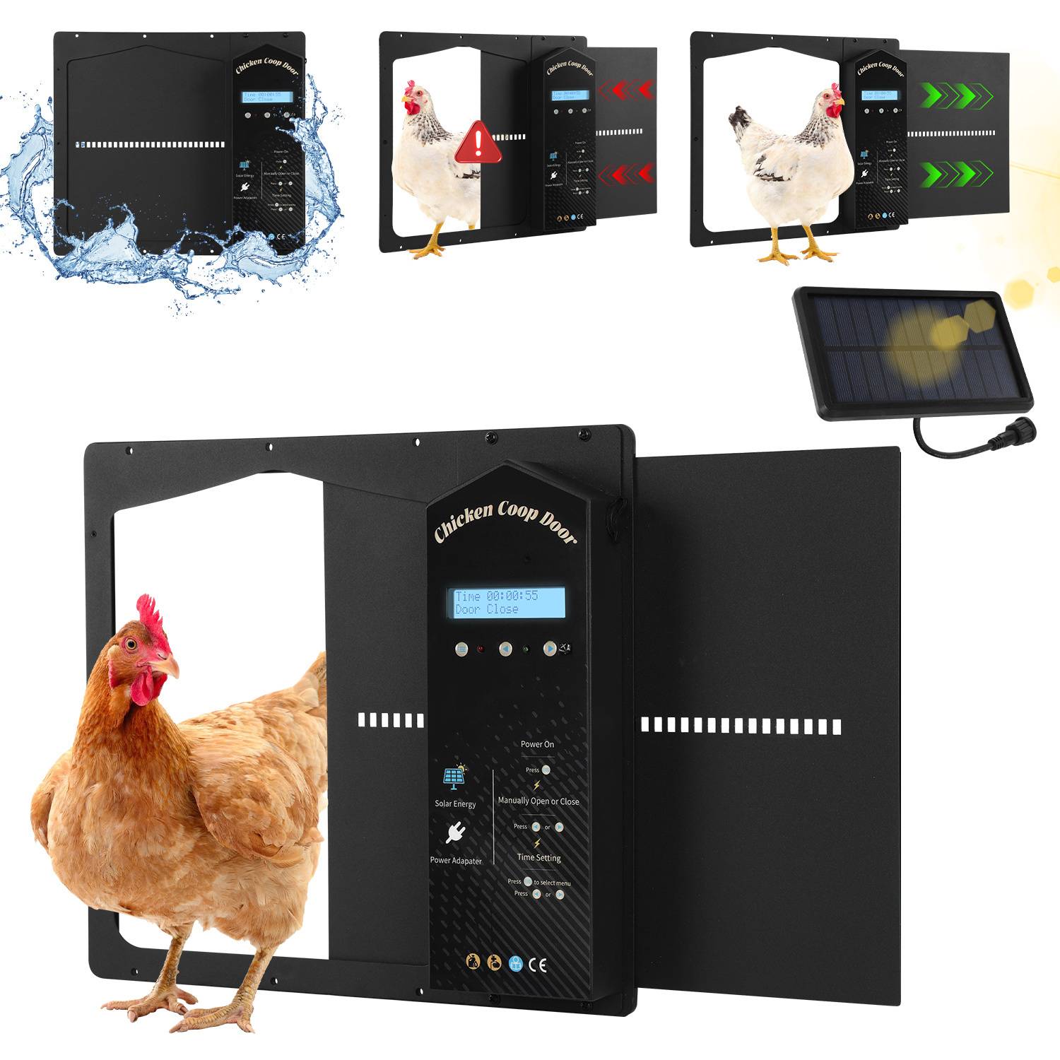 Automatische Hühnerklappe Aluminium Solar Schwarz, Zeitsteuerung, IP65 wasserdicht, Anti-Klemm Elektrische Hühnerstalltür Hühnertür mit Lichtsen