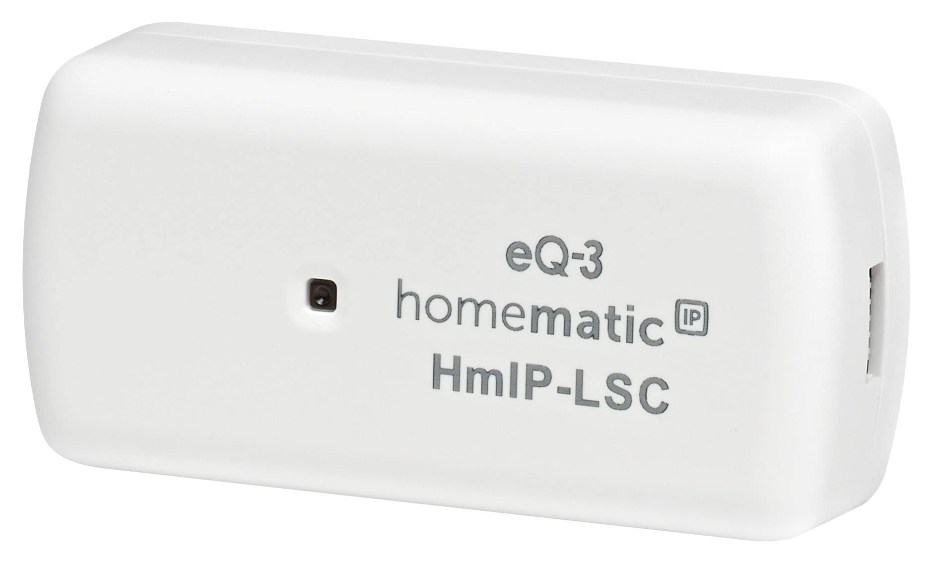 Ein weißes Homematic IP-Gerät mit der Bezeichnung 'HmIP-LSC', versehen mit einem eQ-3-Logo und einem kleinen Sensor auf der linken Seite, das für Heimautomatisierung verwendet wird.
