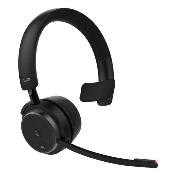 Schwarzes Overear-Wireless-Headset mit Boom-Mikrofon und roter Spitze, auf weißem Hintergrund abgebildet.