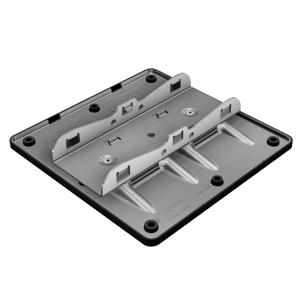 Graues Metallmontageklammergestell mit erhobenen Schienen und schwarzer Basis, als Produkt vor weißem Hintergrund dargestellt.