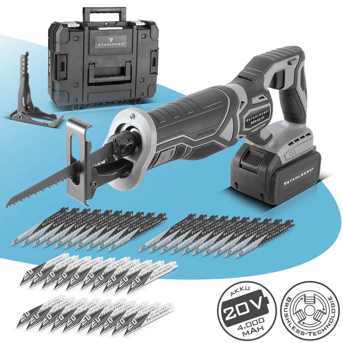 STAHLWERK Brushless-Akku-Säbelsäge mit 40 Ersatzblättern 20 x Holz, 20 x Metall