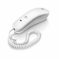 Eine weiße Telefonhörer mit Spiralkabel, der auf einer flachen Oberfläche liegt und einen kleinen Lautsprecher und ein Mikrofon aufweist.