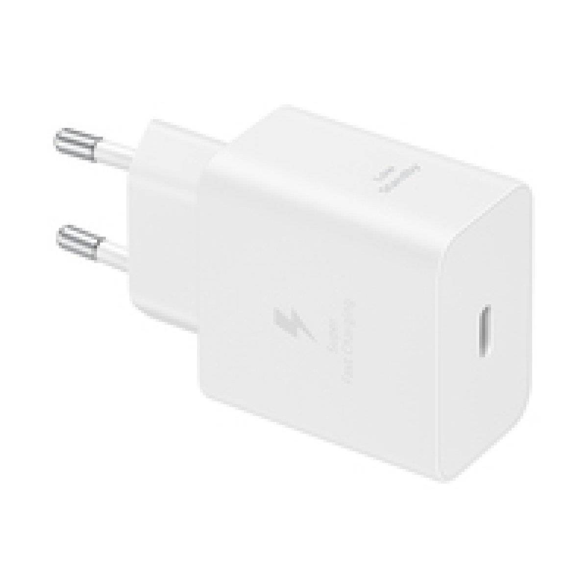 Ein weißer USB-Wandladegerät mit einem europäischen Stecker, ausgestattet mit einem einzelnen USB-C-Anschluss und der Beschriftung „Super Schnelles Laden