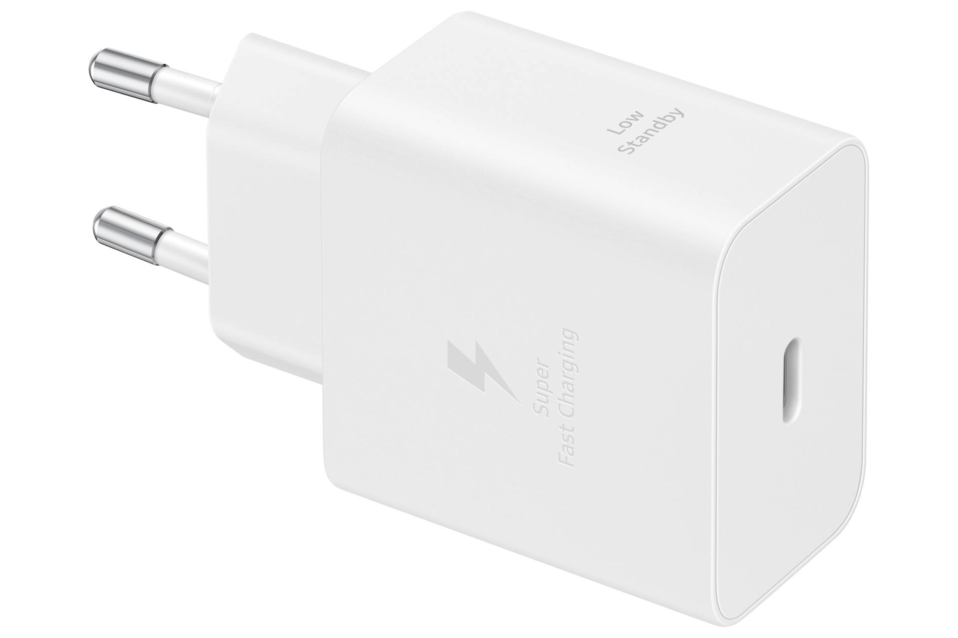 Weiß zweistiftiges USB-Wandladegerät mit einzelnem USB-C-Anschluss und Blitzsymbol, gekennzeichnet mit 