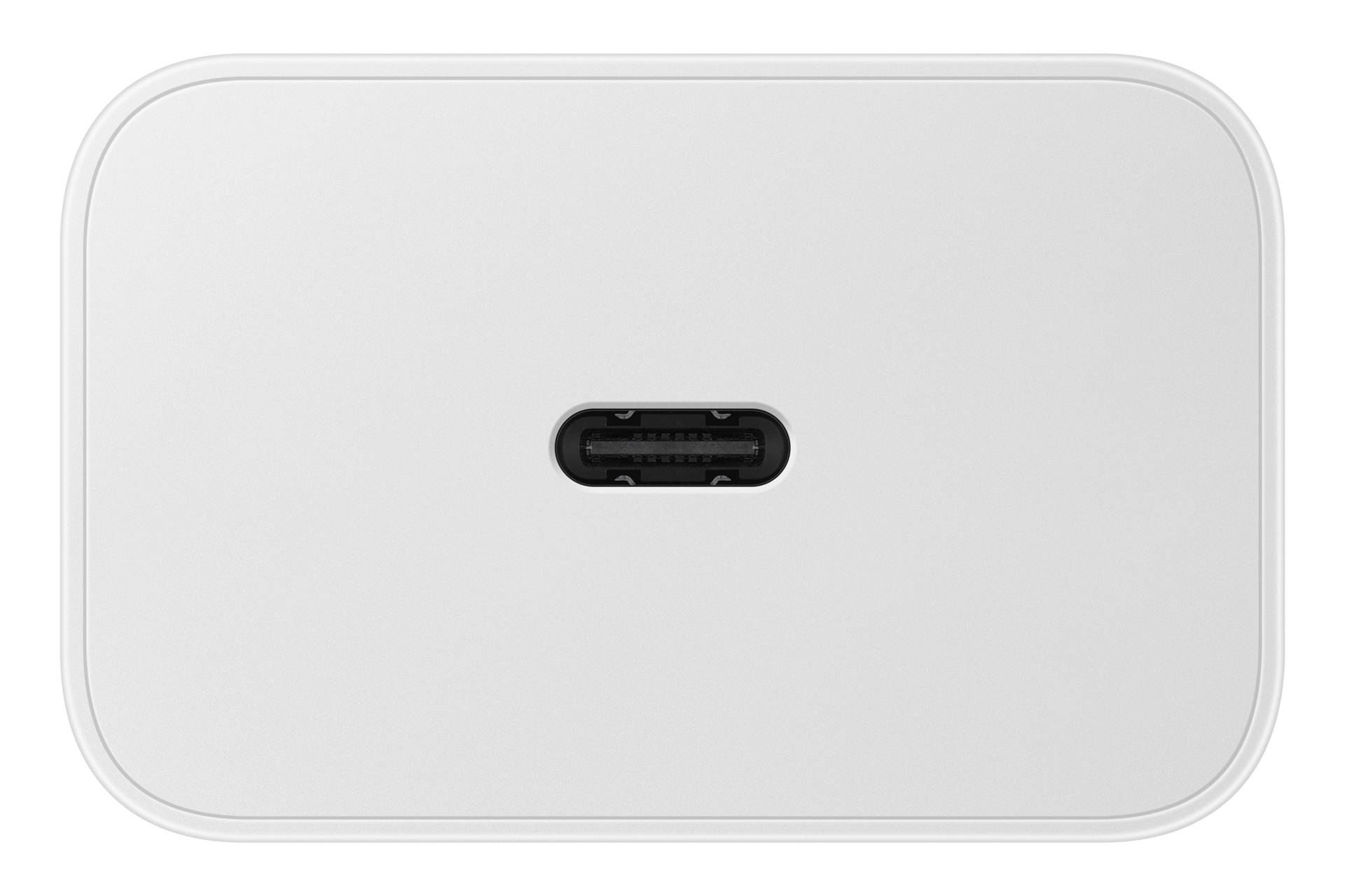 Weiß gerundetes rechteckiges Gerät mit zentriertem USB-C-Anschluss auf neutralem Hintergrund.
