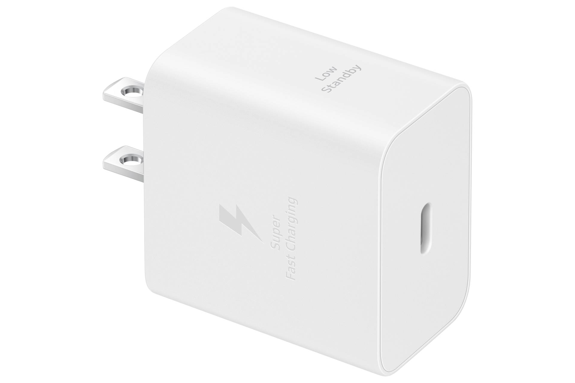 Weißes USB-C-Wandladegerät mit zwei Stiften, gezeigt auf schwarzem Hintergrund.