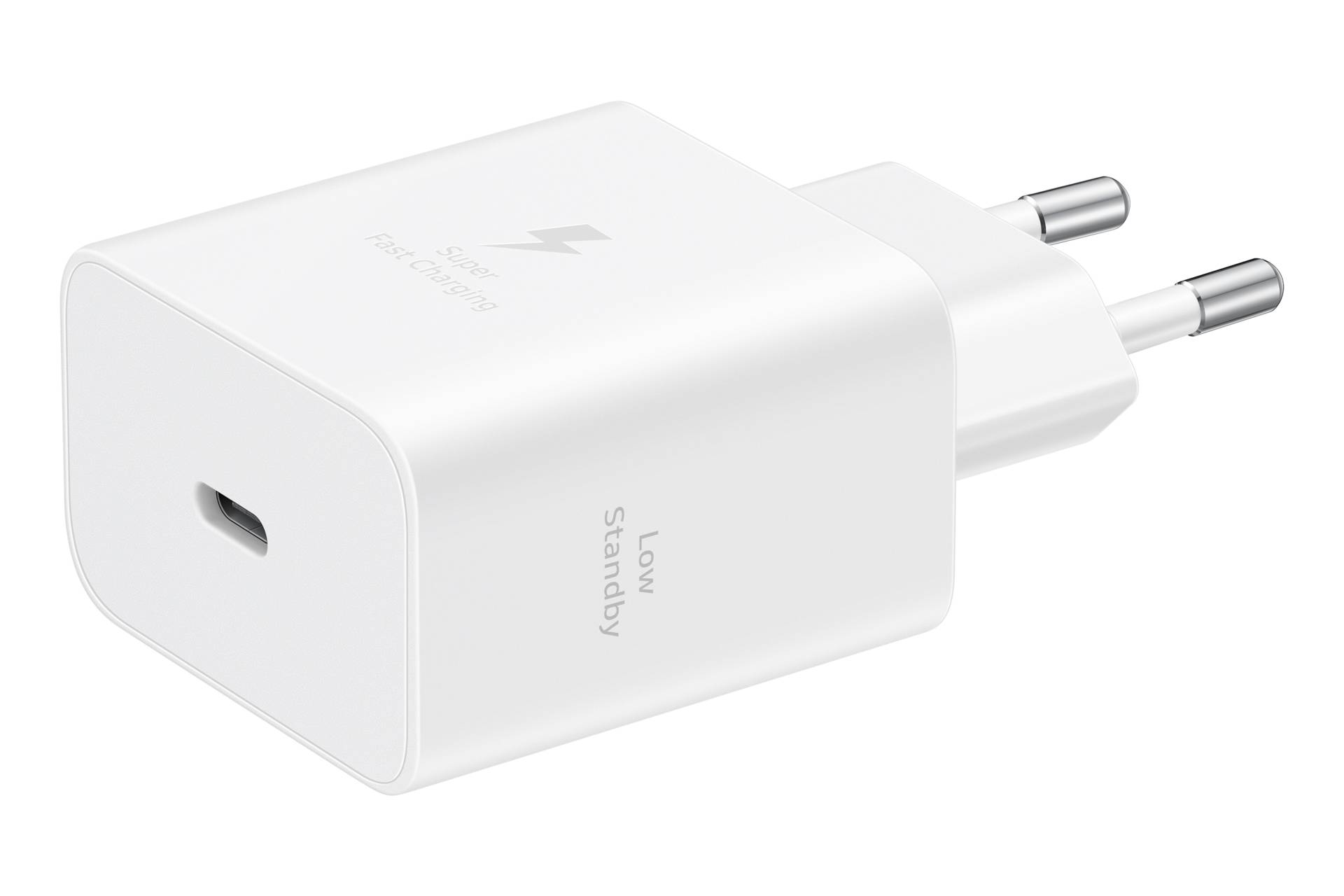 Weiß USB-Wandladegerät mit zwei runden europäischen Steckerkontakten und einem USB-C-Anschluss auf der Vorderseite, beschriftet mit „Low Standby