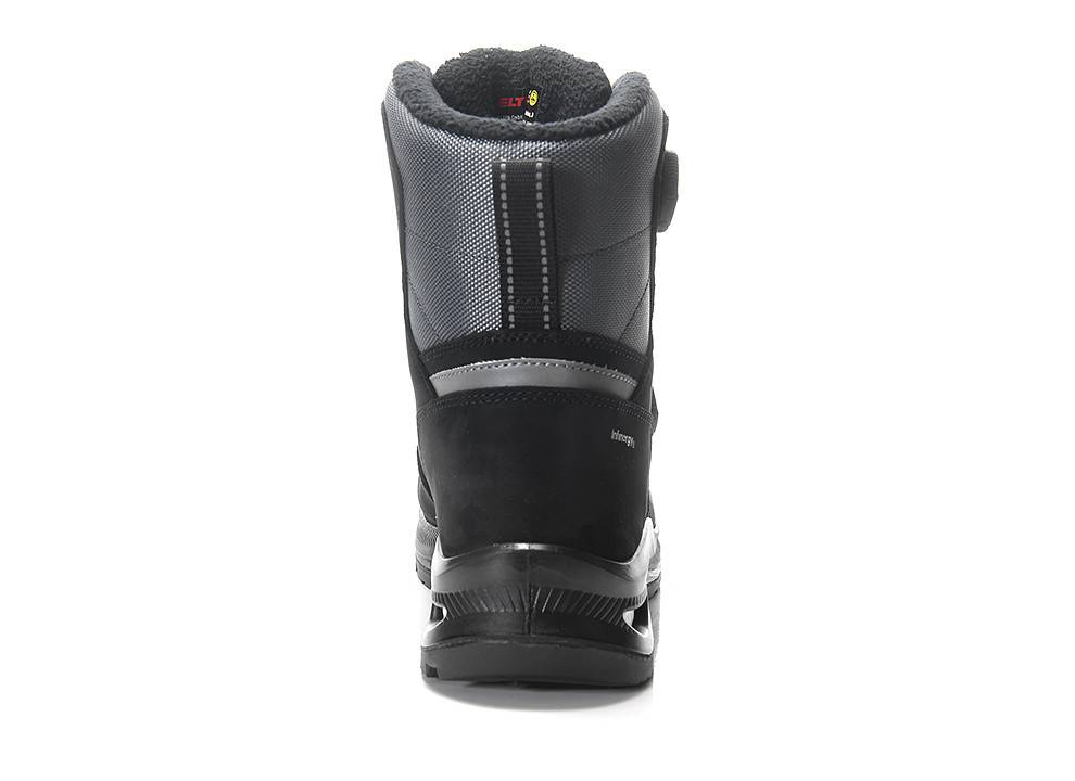 Ein schwarzer und grauer isolierter Stiefel mit einem Klettverschluss am Rücken, entwickelt für das Winterwear, der eine robuste Gummisohle und einen Stoff-Schaft zeigt.