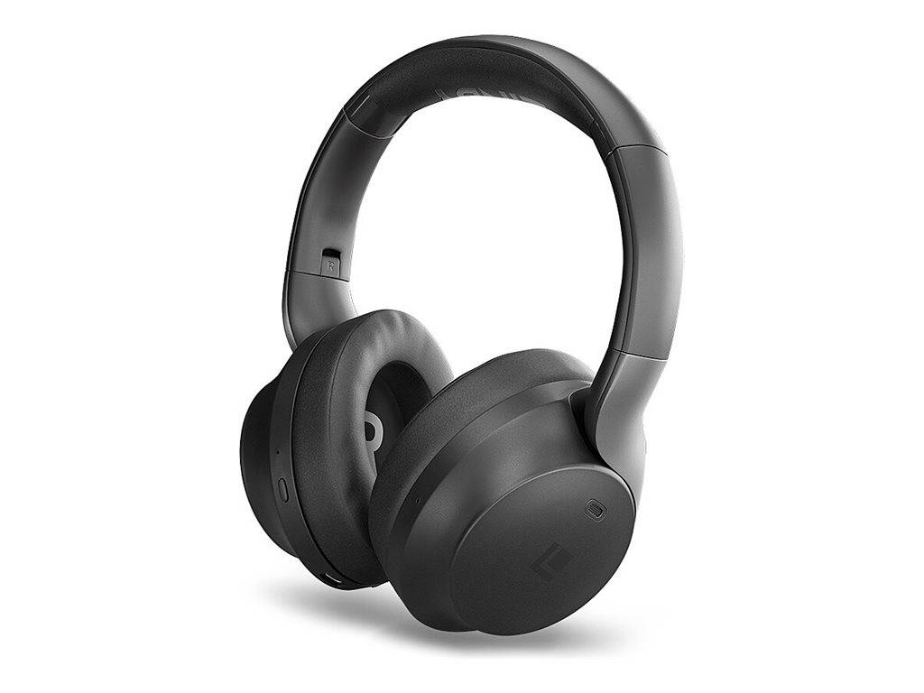 Mattschwarz gehaltene Over-Ear-Drahtloskopfhörer mit gepolsterten Ohrmuscheln und verstellbarem Kopfbügel, vor einem schlichten weißen Hintergrund präsentiert.