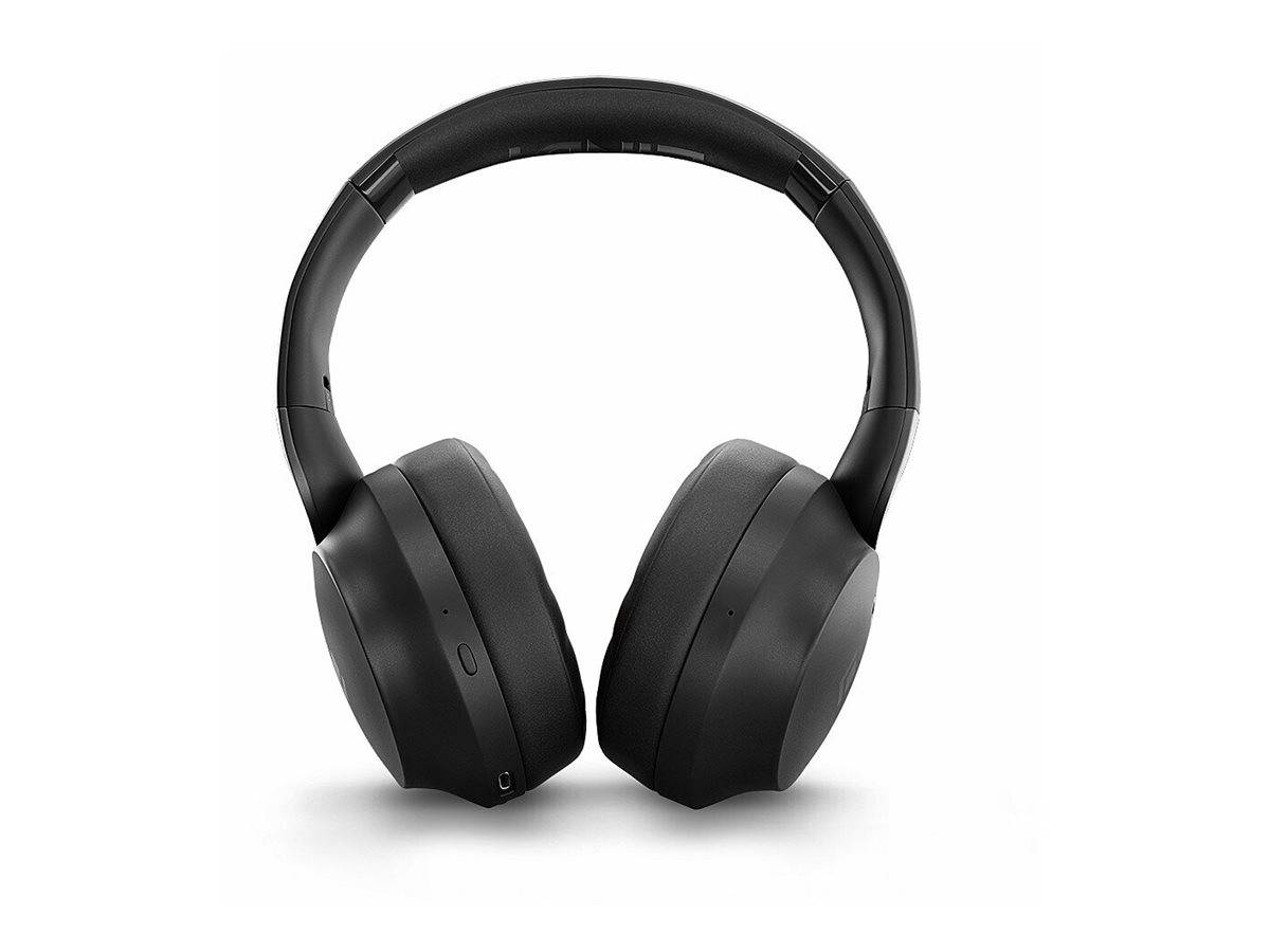 Schwarze Over-Ear-Kopfhörer mit gepolsterten Ohrmuscheln und einem verstellbaren Kopfbügel, die vor einem einfarbigen weißen Hintergrund präsentiert werden.