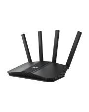 Schwarzer WLAN-Router mit vier aufrechten Antennen auf weißem Hintergrund.