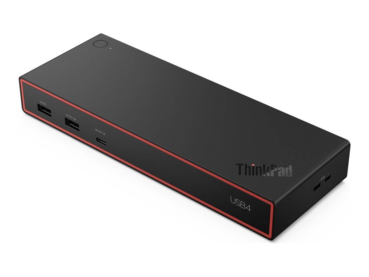 Eine schwarze rechteckige USB-Docking-Station mit mehreren Anschlüssen an der Seite, beschriftet mit 'ThinkPad USB4'.