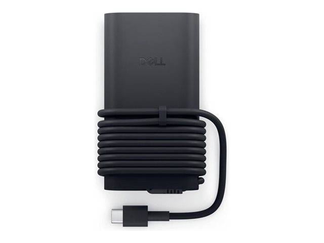 Ein aufgerolltes schwarzes Laptop-Ladegerät mit einem USB-C-Anschluss. Das Ladegerät trägt das 'Dell'-Logo auf seiner Oberfläche.