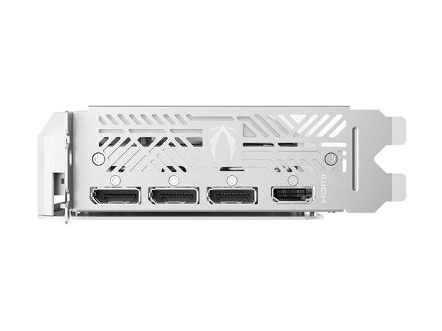 Eine Grafikkarte mit drei DisplayPort- und einem HDMI-Anschluss, mit einem Lüfterdesign am Metallbracket für eine verbesserte Belüftung.