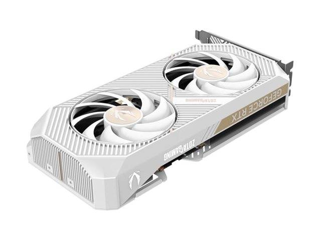 Eine weiße Grafikkarte mit Doppellüftern und dem Schriftzug 'GeForce RTX' an der Seite, konzipiert für High-Performance-Gaming und Computerverarbeitung.