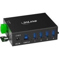 Ein schwarzer USB-Hub mit grünem Anschluss, beschriftet mit 'inLine'. Ausgestattet mit vier USB-3.2-Anschlüssen und einem USB-Eingang. Zum Anschluss mehrerer Geräte.