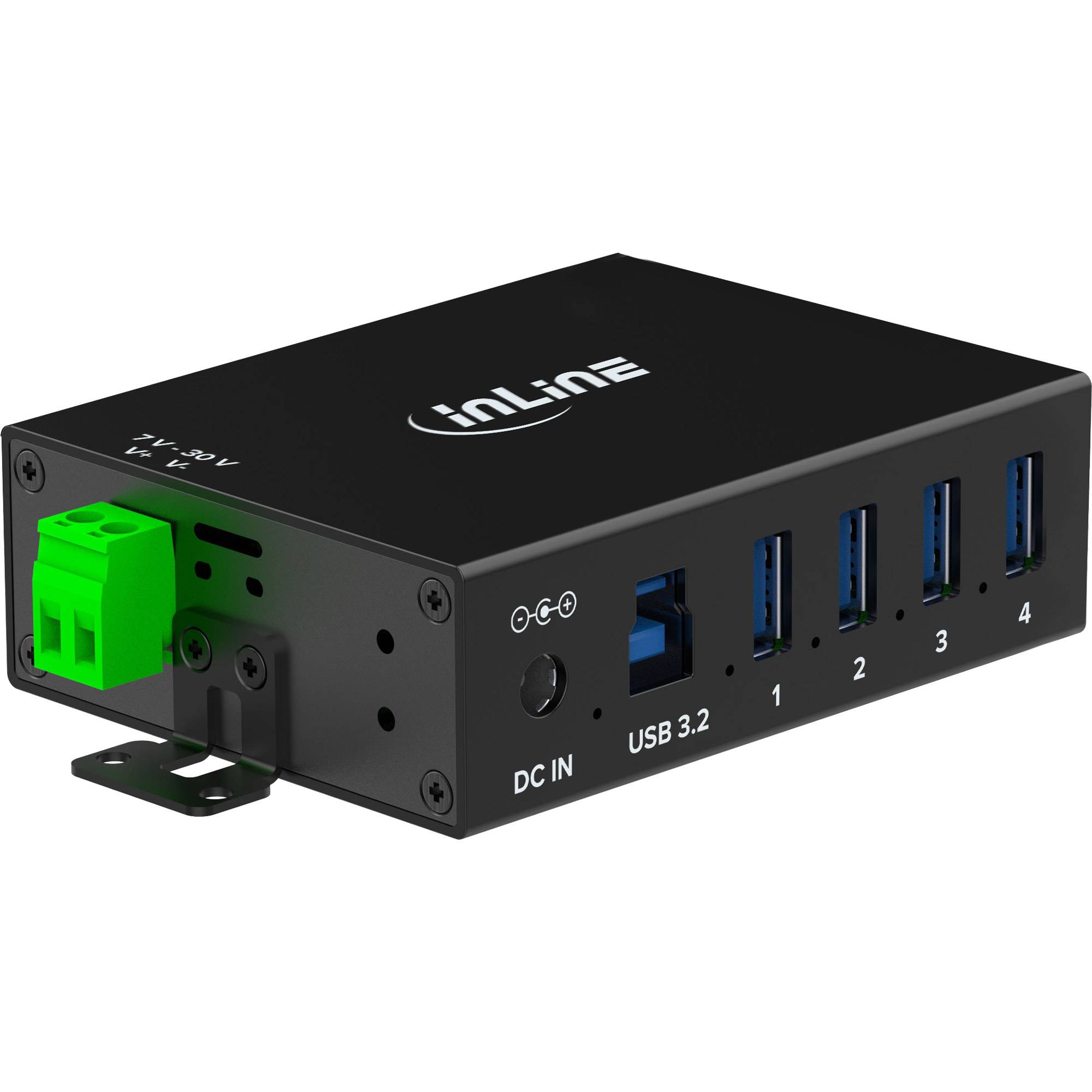 InLine' schwarzer USB 3.2 Hub mit vier USB-Anschlüssen, DC IN und einem grünen Anschluss auf der linken Seite.