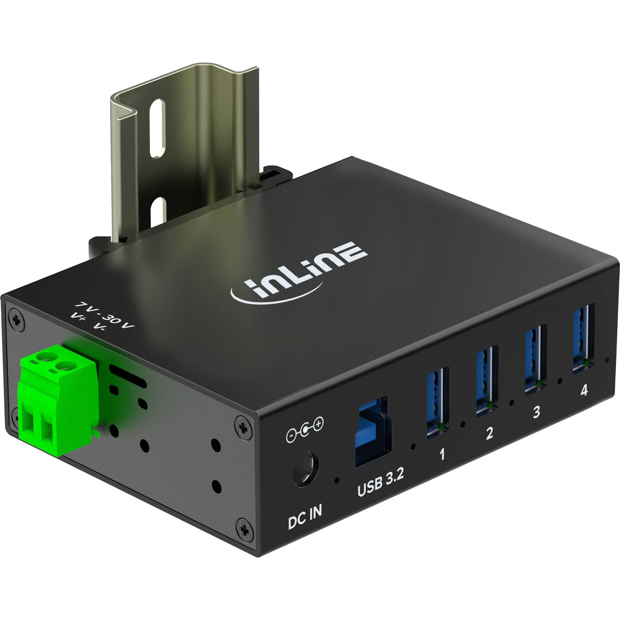 Ein schwarzer USB-Hub mit vier USB-3.2-Anschlüssen, einem grünen Stromstecker und einer Metallhalterung zur Montage.
