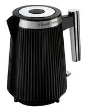 Ein eleganter schwarzer Wasserkocher mit Silbergriff und Deckel, mit dem Markennamen in kleinen Buchstaben oben angebracht.