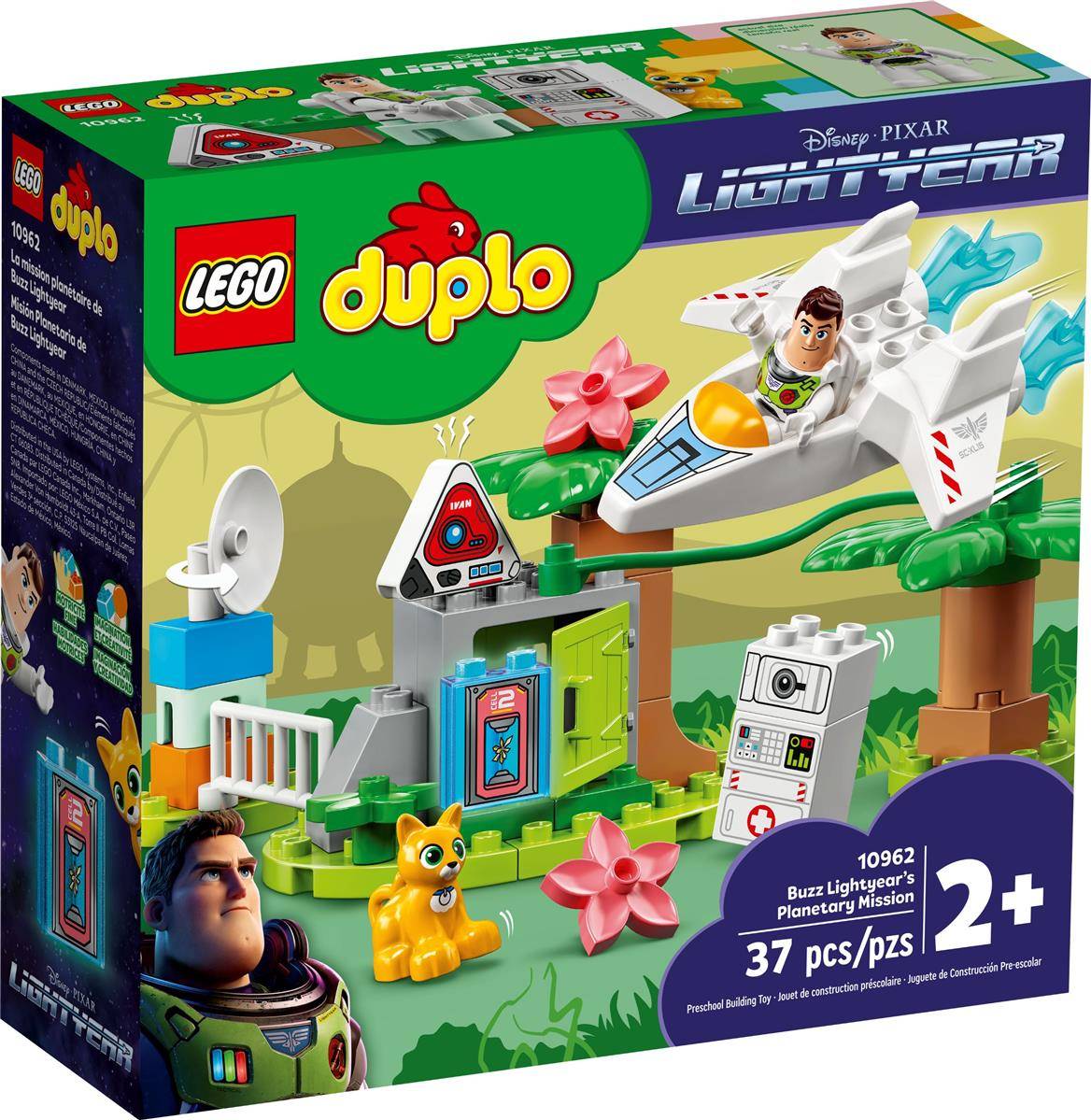 Lego Duplo Lightyear Set 10962' mit Buzz Lightyear, gefüllt mit farbenfrohen Bausteinen und einer weltraumbezogenen Umgebung für Kinder ab 2 Jahren.
