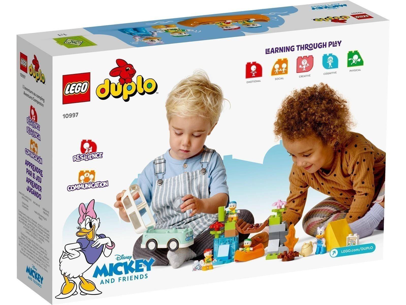 LEGO Duplo Micky und Freunde Baukasten-Box mit zwei Kindern, die mit bunten Bausteinen und Disney-Figuren spielen, beschriftet mit „Lernen durch Spielen