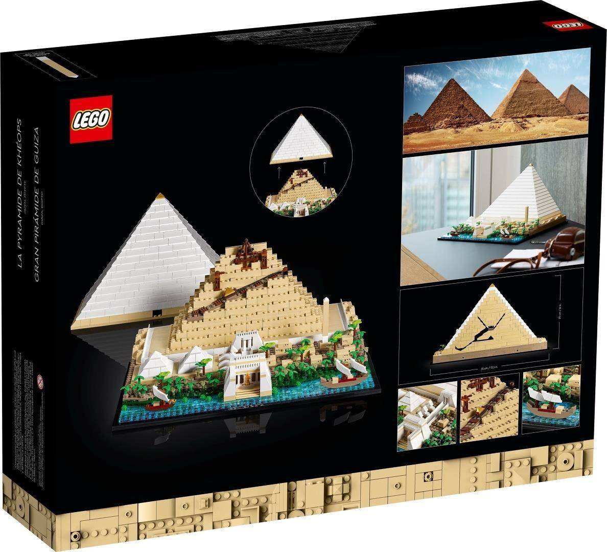 LEGO-Karton für ein Modell der Großen Pyramide von Giza, das den Pyramidenbau und Beispielanzeigeschenen auf schwarzer Verpackung zeigt.