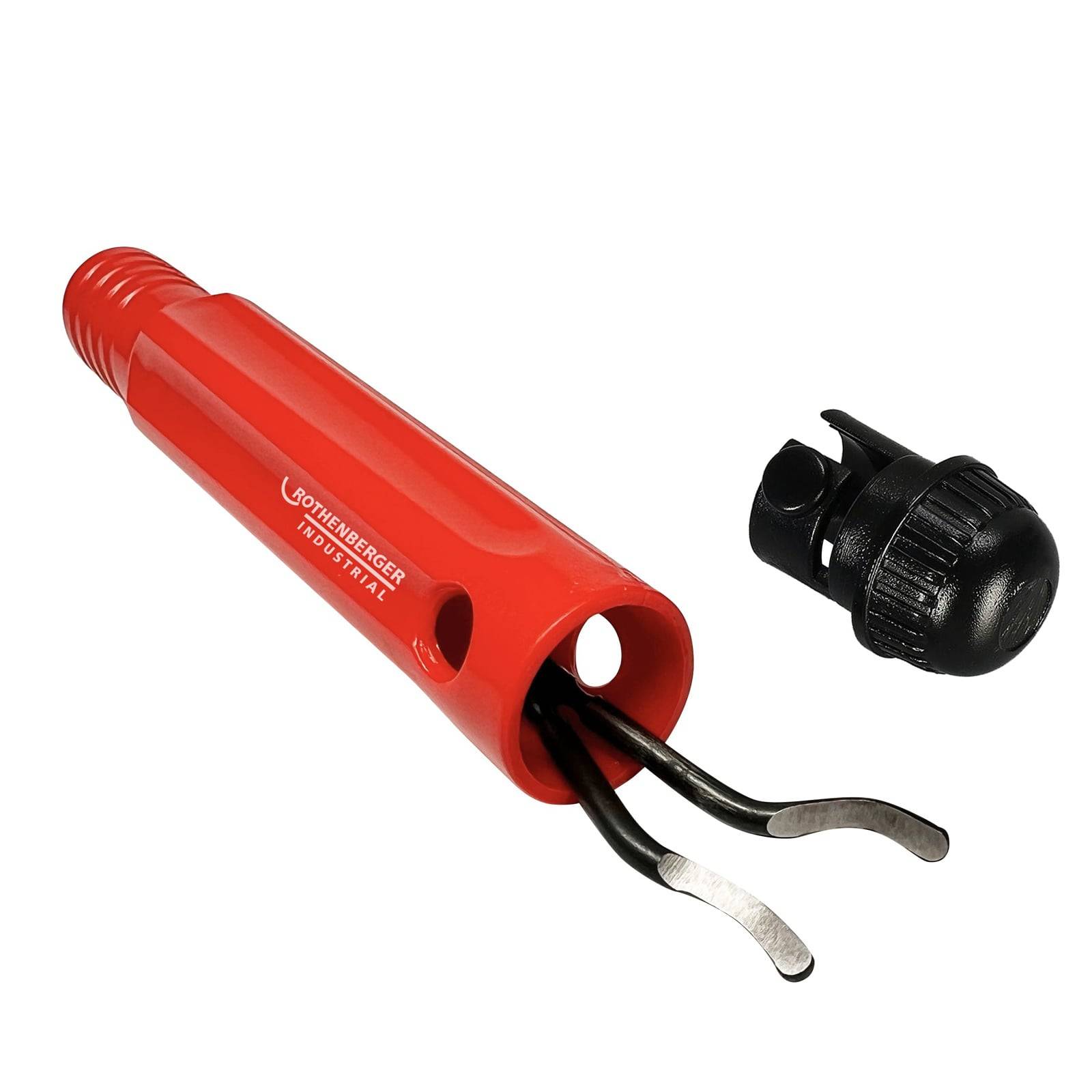 Rothenberger-Marken-Rohrgreifzange in Rot mit einstellbarem schwarzem Knopf, die zum Festziehen oder Lösen von Rohren oder Schläuchen verwendet wird.