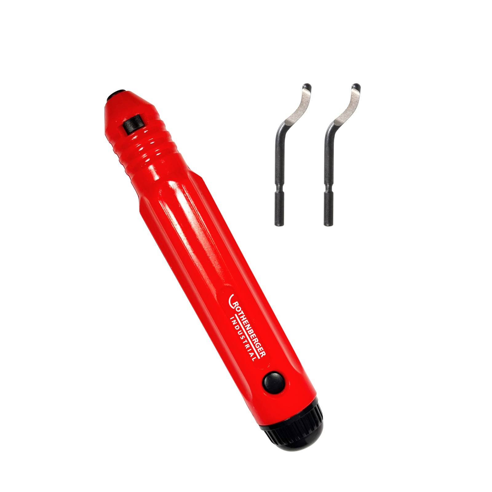 Ein roter Entgratungswerkzeug aus Kunststoff mit auswechselbarer Klinge und zwei zusätzlichen Ersatzklingen.