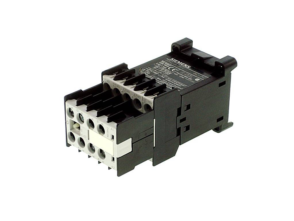 Schwarzer Siemens-Elektroschütz mit weißer Klemmenleiste, freigestellt auf weißem Hintergrund.