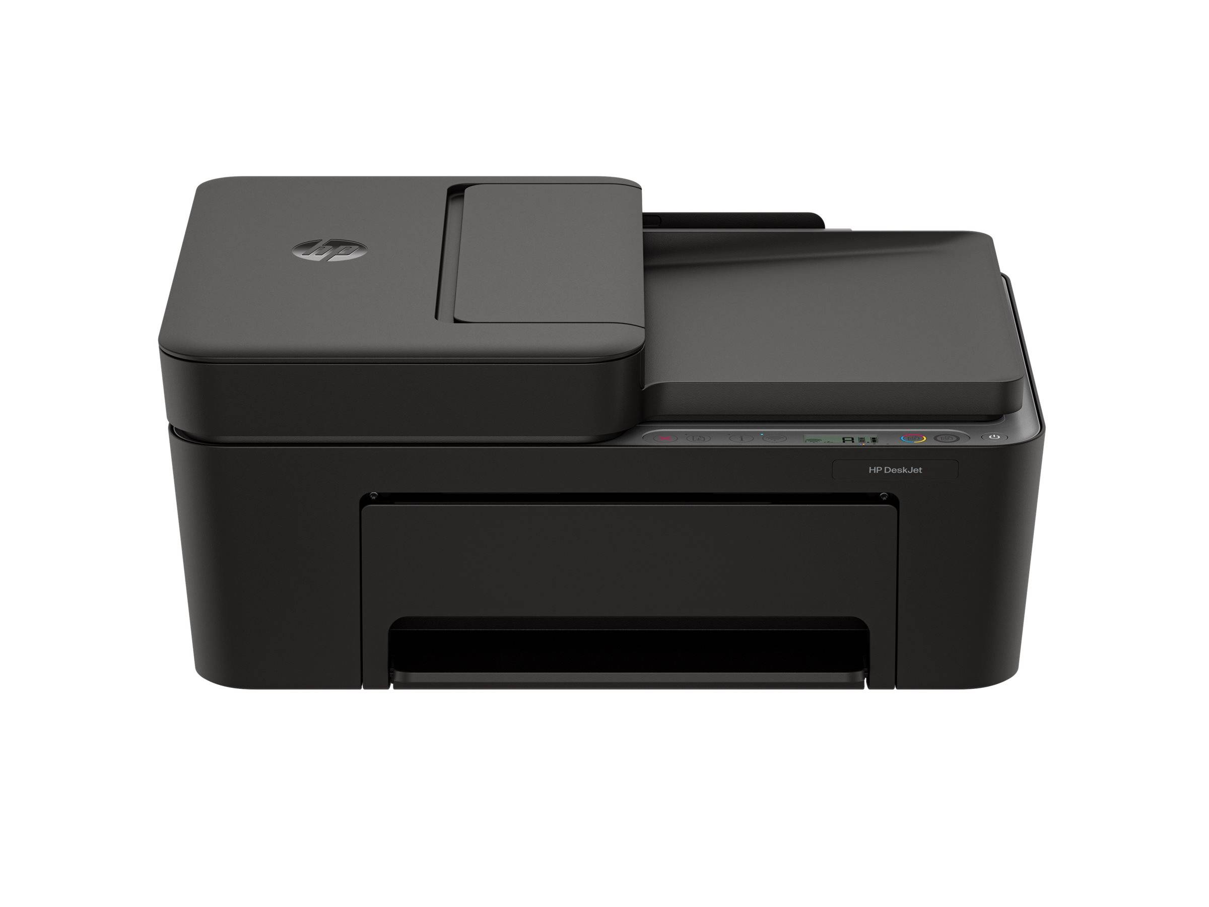 HP DeskJet Drucker in Schwarz mit geöffnetem Papierfach, Bedienfeld auf der Oberseite sichtbar. Geeignet für Heim- oder Bürogebrauch.