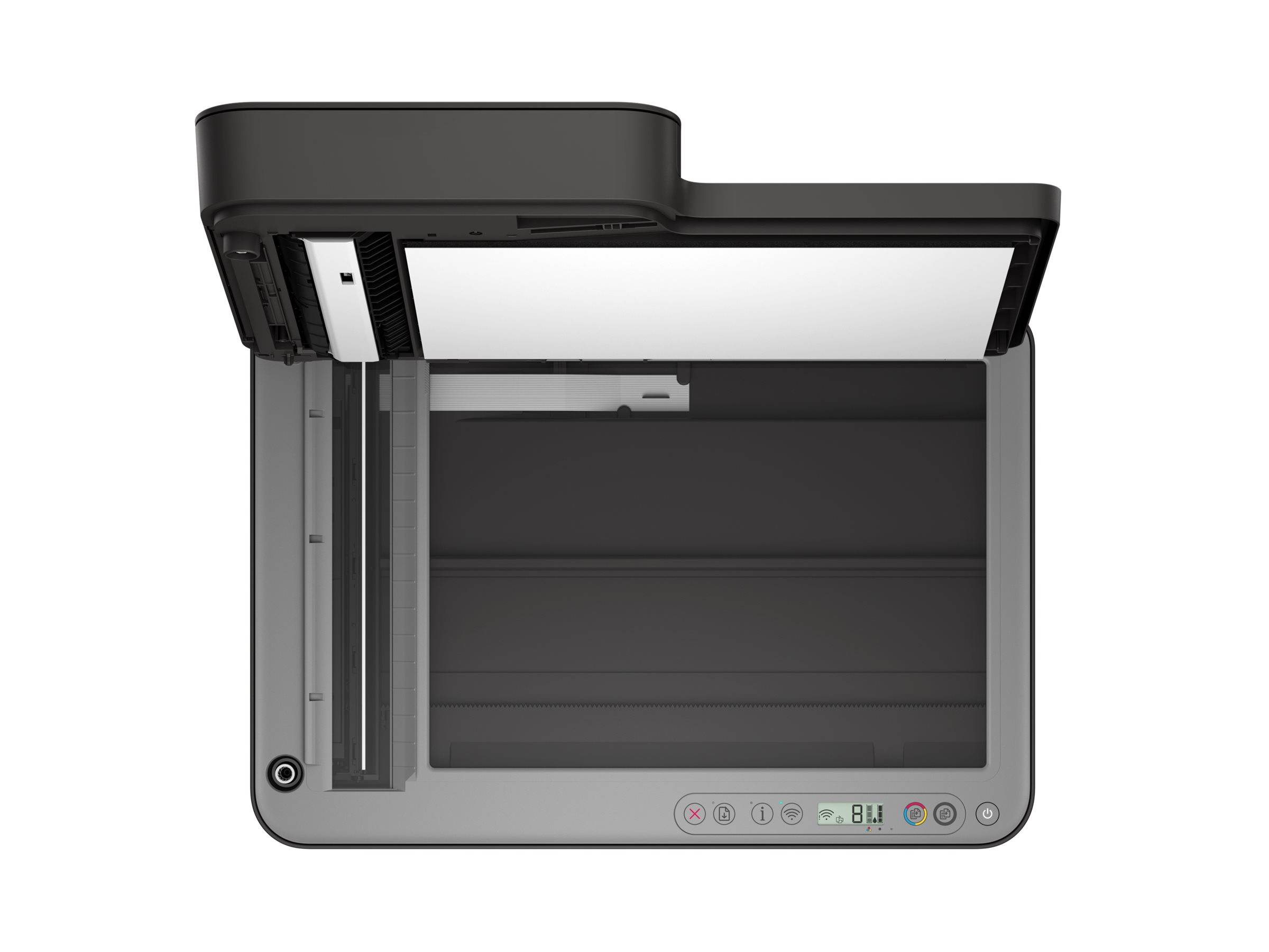 Offener Scanner aus Draufsicht, der das Glasscannerbett, die Bedienungsknöpfe und ein leeres Papierfach zeigt, das für die Nutzung bereit ist.