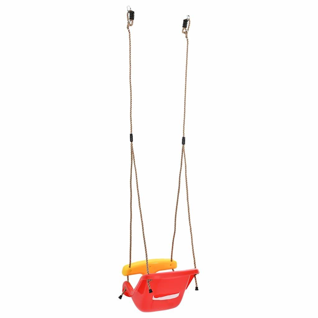 Eine rot-gelbe Babyschaukel mit Aufhängseilen, entwickelt für sicheres Spielen im Freien oder in Innenräumen. Geeignet für kleine Kinder.